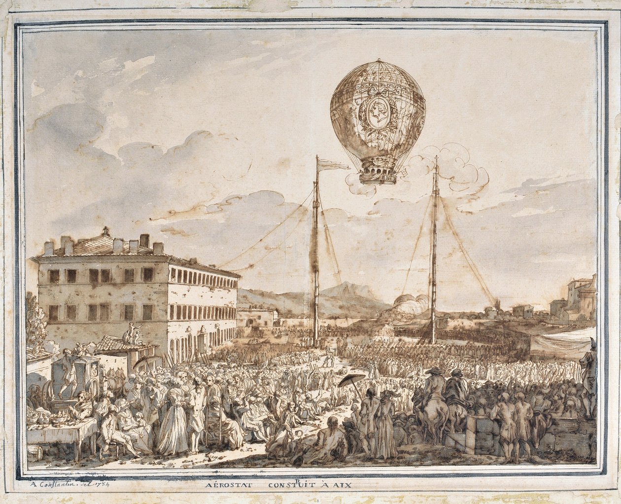 Aerostato construido en Aix. Un globo construido en Aix en Provence. Dibujo de Jean Antoine Constantin dit Constantine d