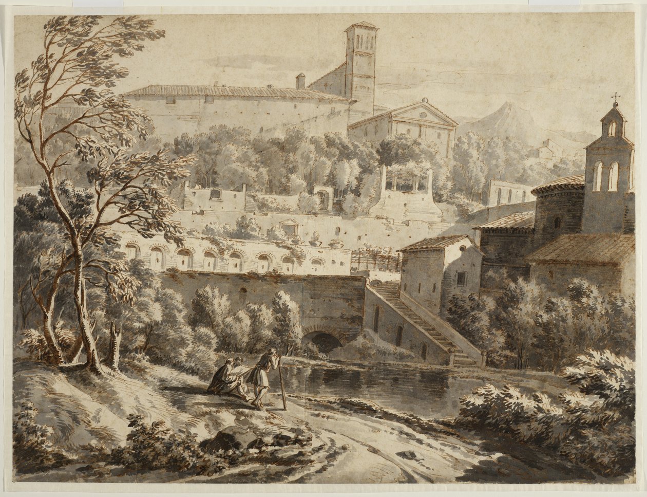 Un artista dibujando a lo largo de una ribera, debajo de una ciudad italiana, c.1780 de Jean Antoine Constantin