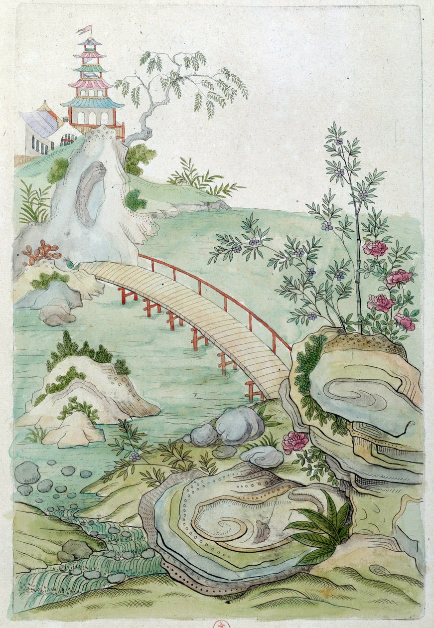 Dibujo de un jarrón chino: paisaje con puente de Jean Antoine Fraisse