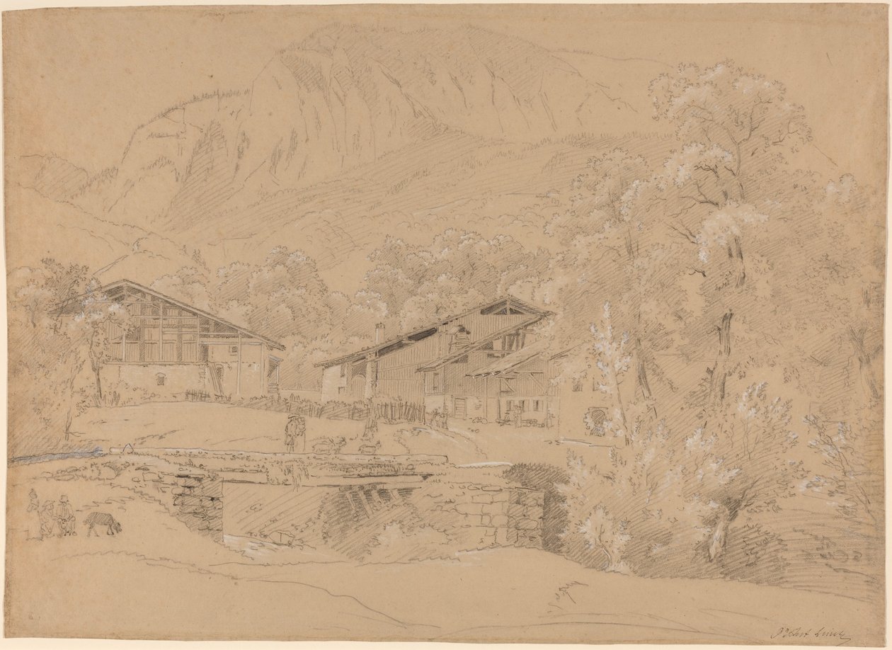 An Alpine Village in Summertime (tiza negra y grafito realzado con tiza blanca sobre papel canela) de Jean Antoine Linck