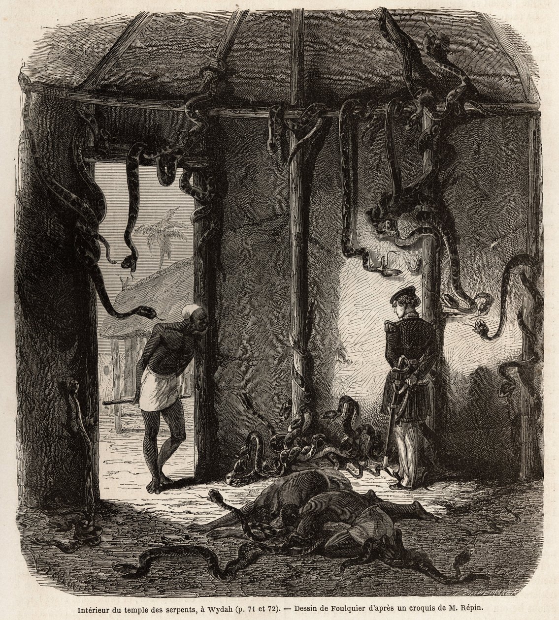 Dentro del templo de serpientes fetiches, en Wydah, en Dahomey (actual Benín), dibujo de Jean Antoine Foulquier (1822-1896), para ilustrar el viaje del Dr. Repin a Dahomey en 1860. Grabado en “Le tour du monde”, editado por Edouard Charton de Jean Antoine Valentin Foulquier