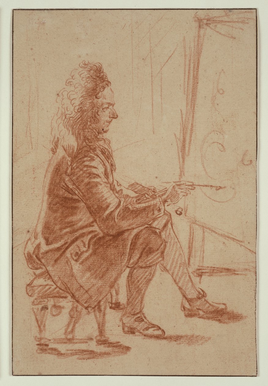 Un pintor con peluca (posiblemente Claude Audran), sentado ante su caballete, visto de perfil de Jean Antoine Watteau