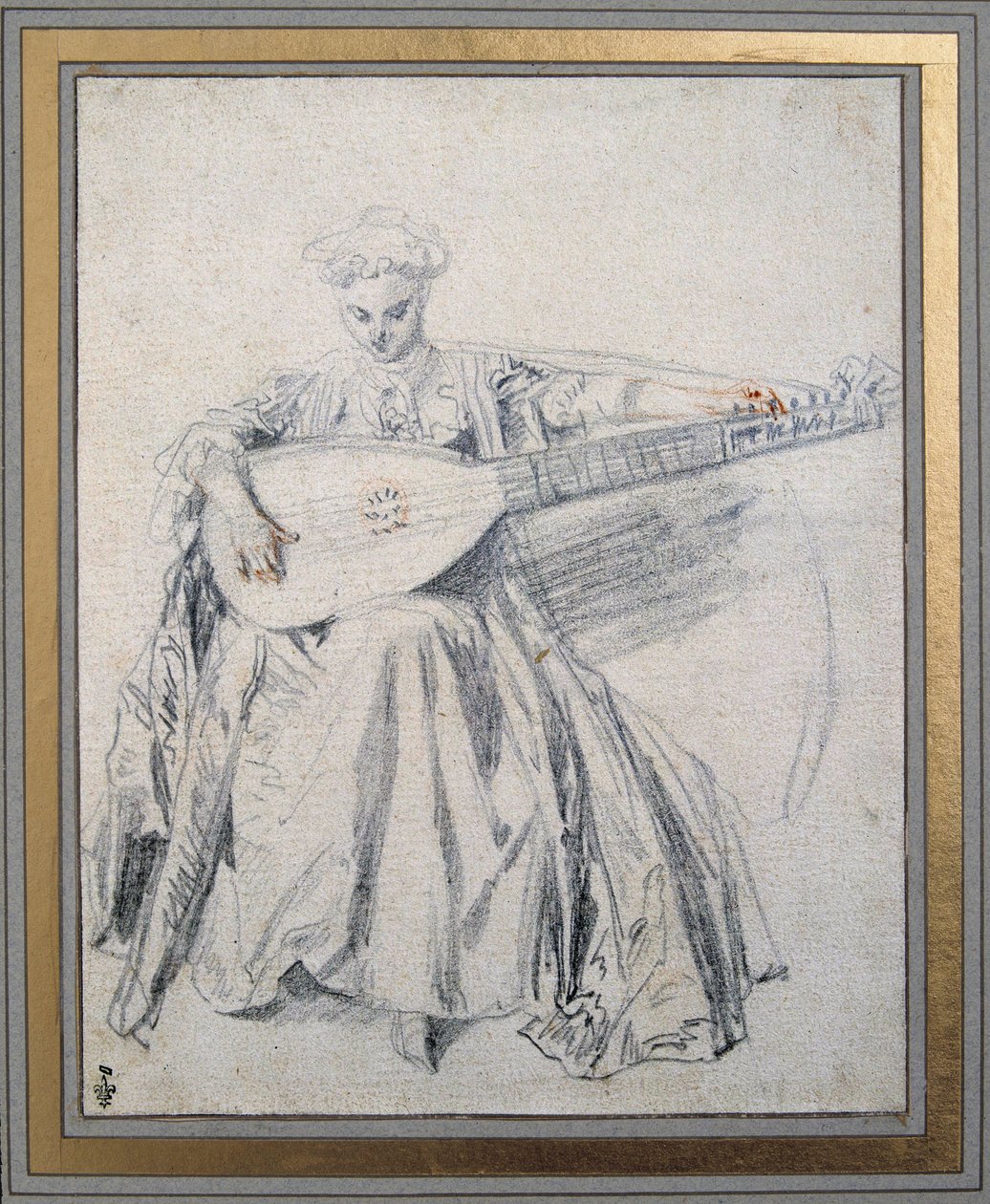 Un laudista. Dibujo a mina de plomo y sanguina por Jean Antoine Watteau (1684-1721). Siglo XVIII. Chantilly, museo Condé de Jean Antoine Watteau