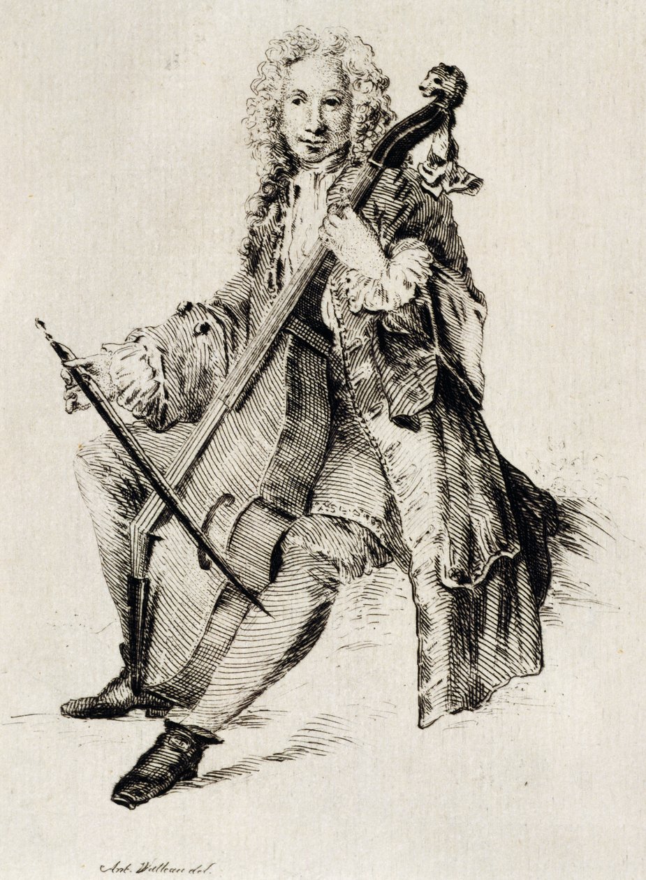 Violonchelista, por Jean Antoine Watteau, grabado, Francia de Jean Antoine Watteau