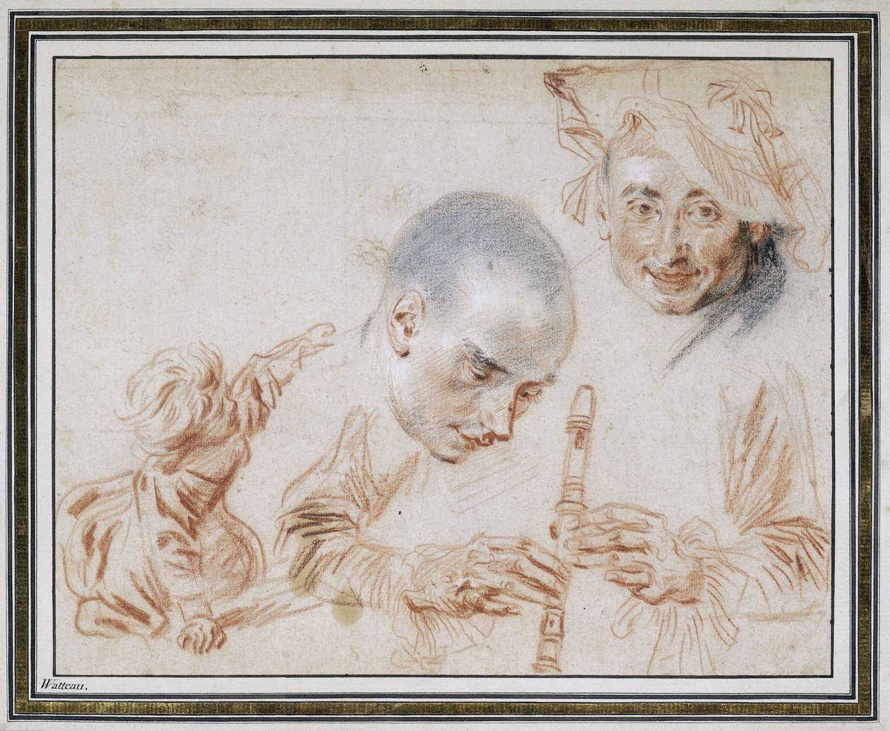Niño agachado, dos cabezas masculinas, una con boina, brazos y manos de un flautista de pico de Jean Antoine Watteau