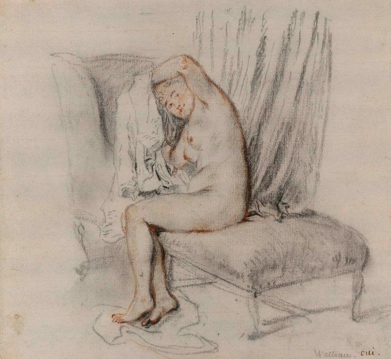 Mujer desnuda quitándose la camisa, ca. 1717 de Jean Antoine Watteau