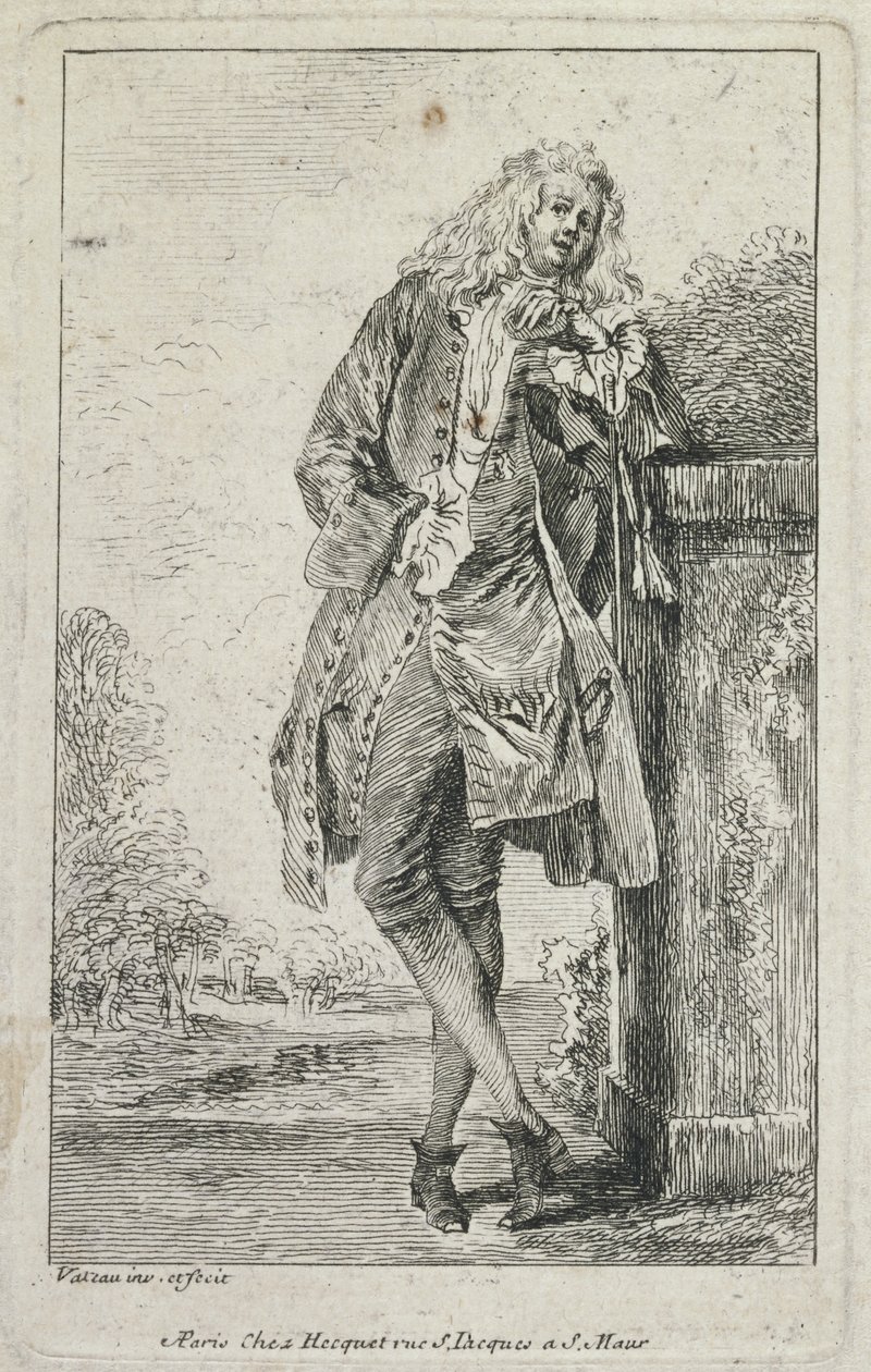 Figuras de moda: Hombre de pie Acconde de Jean Antoine Watteau