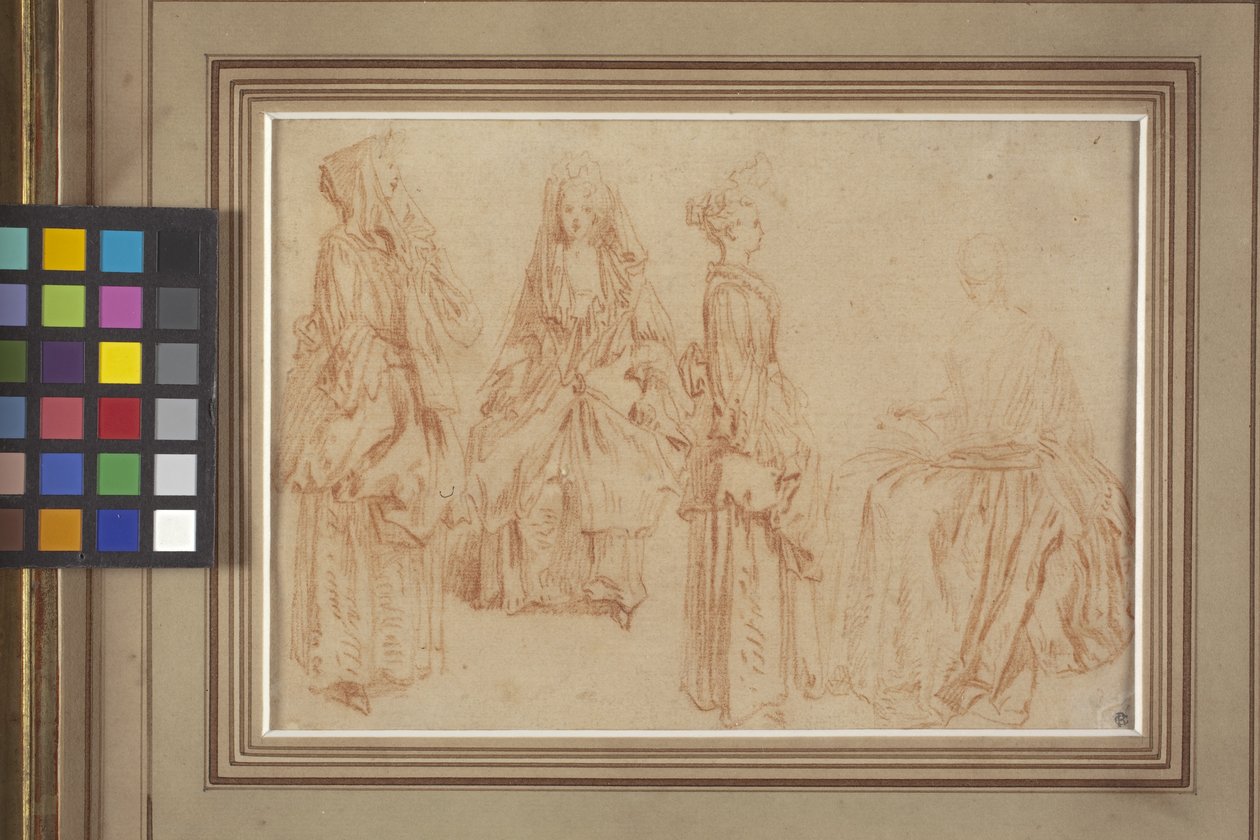 Four Ladies (tiza roja (sanguina) sobre papel) de Jean Antoine Watteau