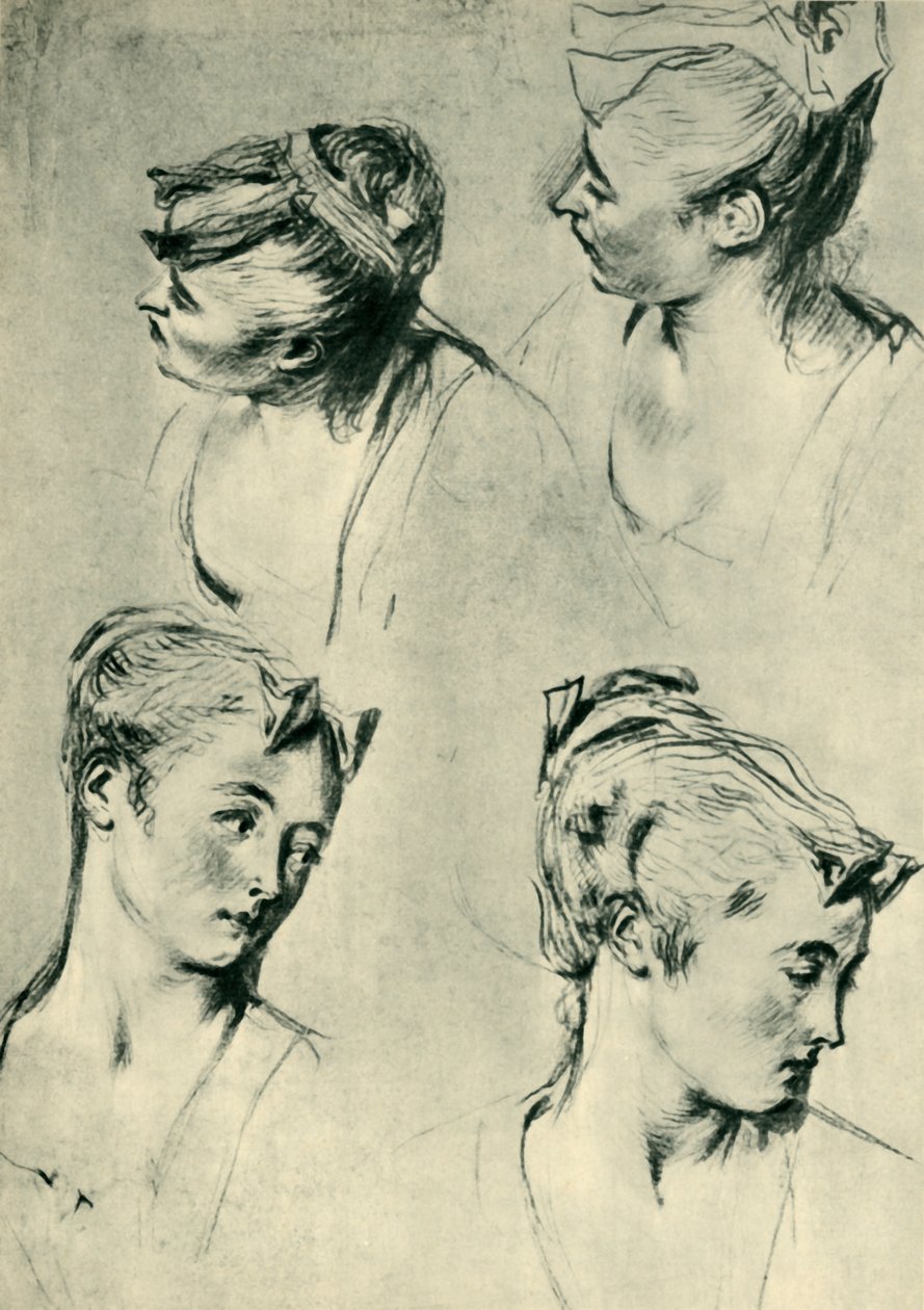 Cuatro estudios de cabezas femeninas, principios del siglo XVIII, 1943 de Jean Antoine Watteau