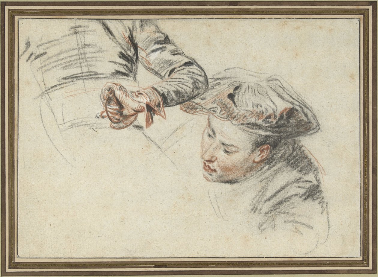 Cabeza de hombre con boina y una mano en una empuñadura de Jean Antoine Watteau