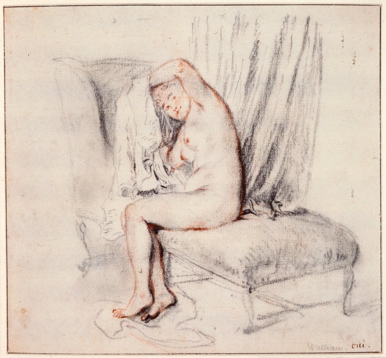 Mujer desnuda sentada en una chaise longue, poniéndose la camisa, siglo XVIII de Jean Antoine Watteau