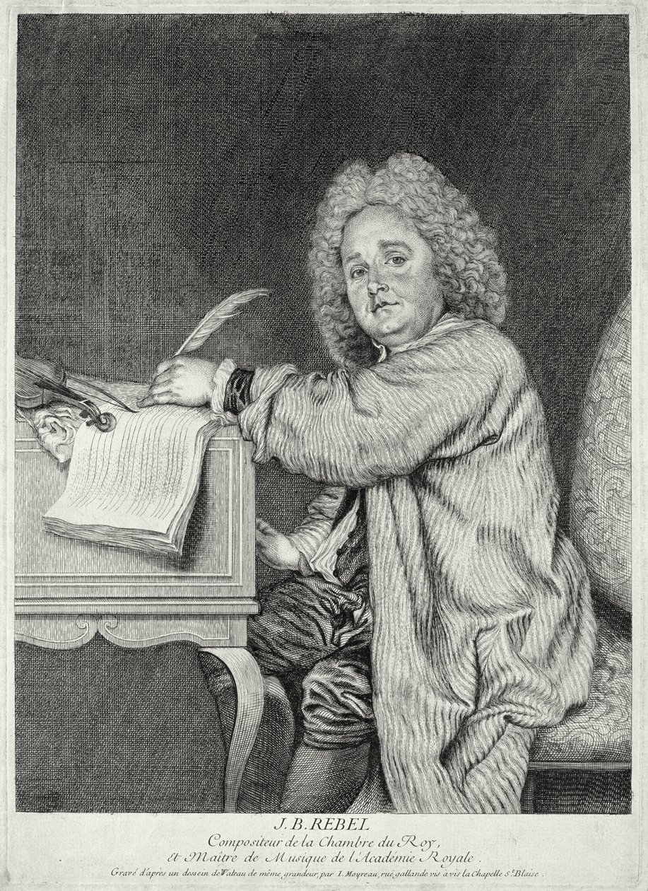 Retrato de Jean-Ferry Rebel (1666-1747) grabado por Moyreau de Jean Antoine Watteau