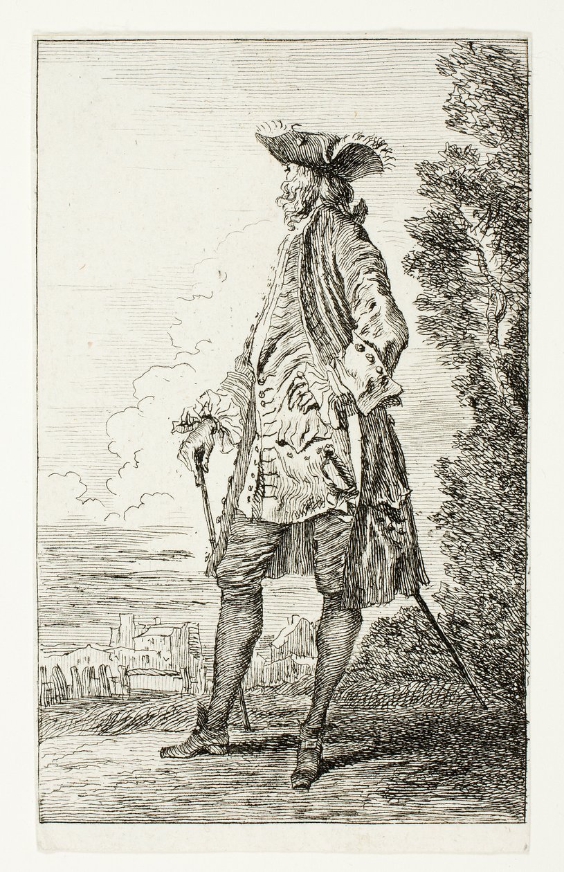 Hombre de pie con sombrero, mirando a la izquierda, de Figures de Modes de Jean Antoine Watteau