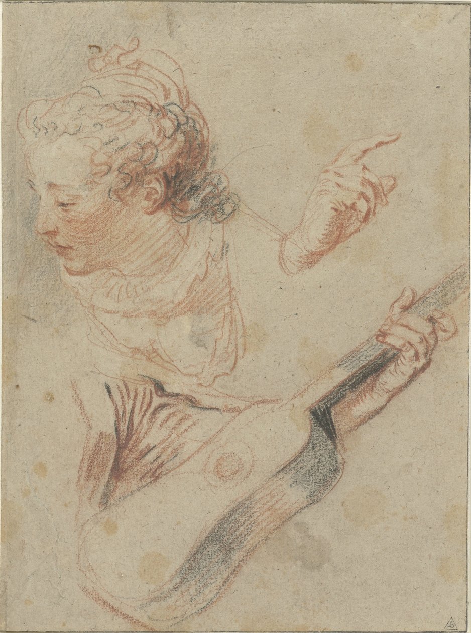 Hoja de estudio con la cabeza de una chica mirando hacia abajo, una guitarra y unas manos tocándolas de Jean Antoine Watteau