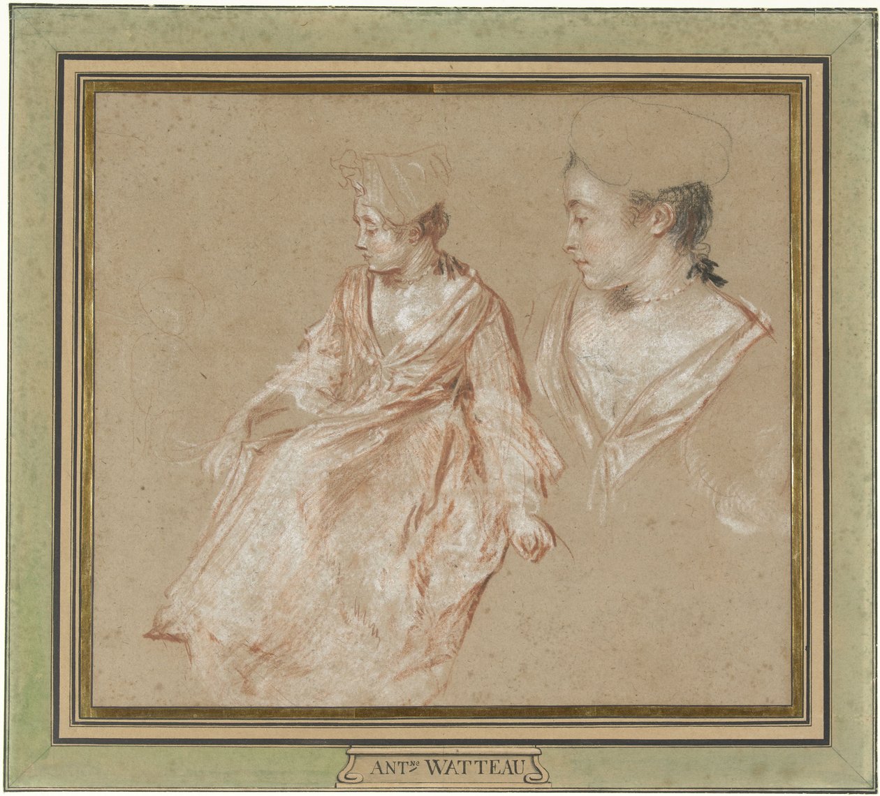 Estudios de una mujer sentada y un detalle de su cabeza y hombros de Jean Antoine Watteau