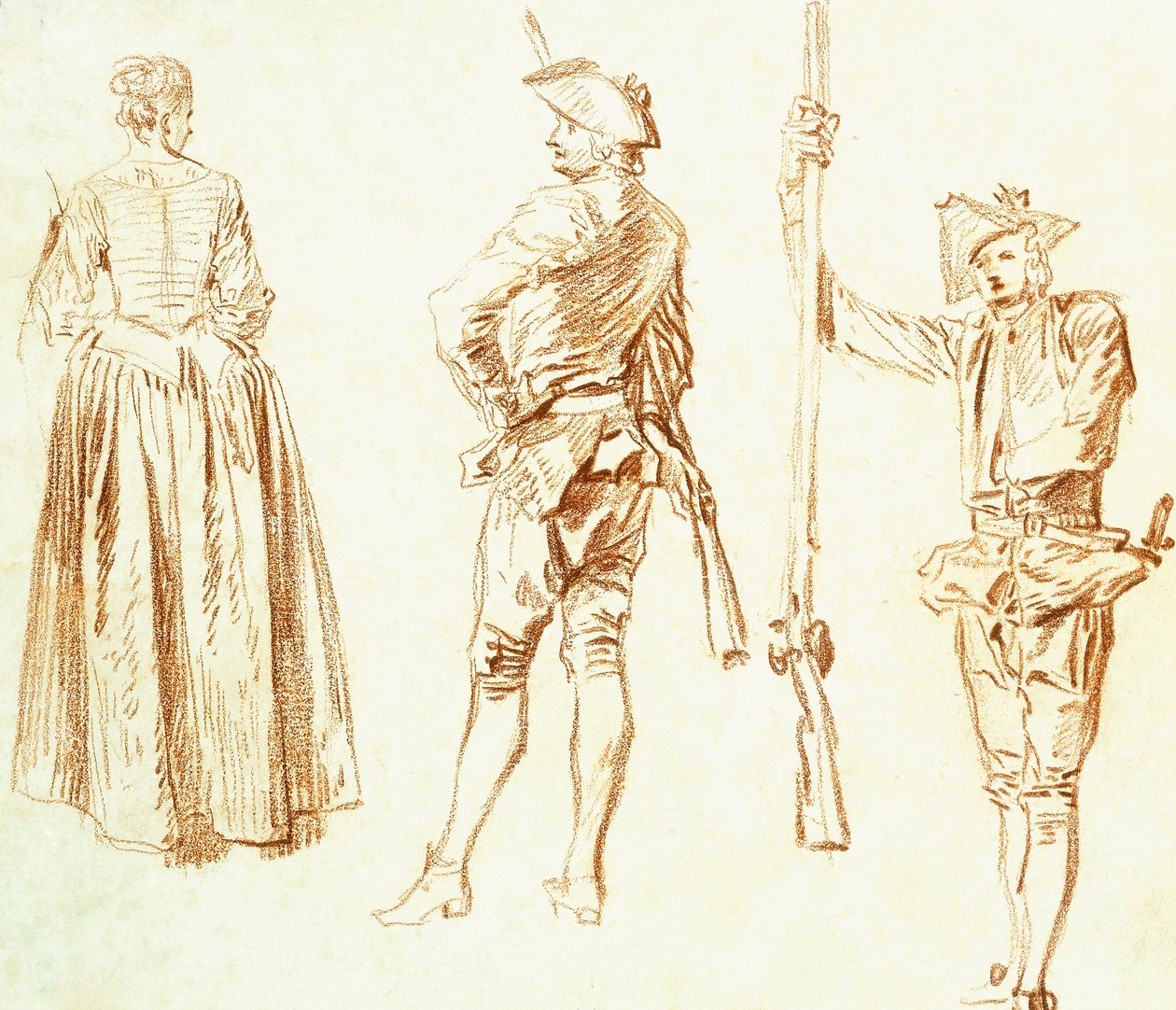 Estudio de una joven y dos cazadores, c.1712-13 de Jean Antoine Watteau