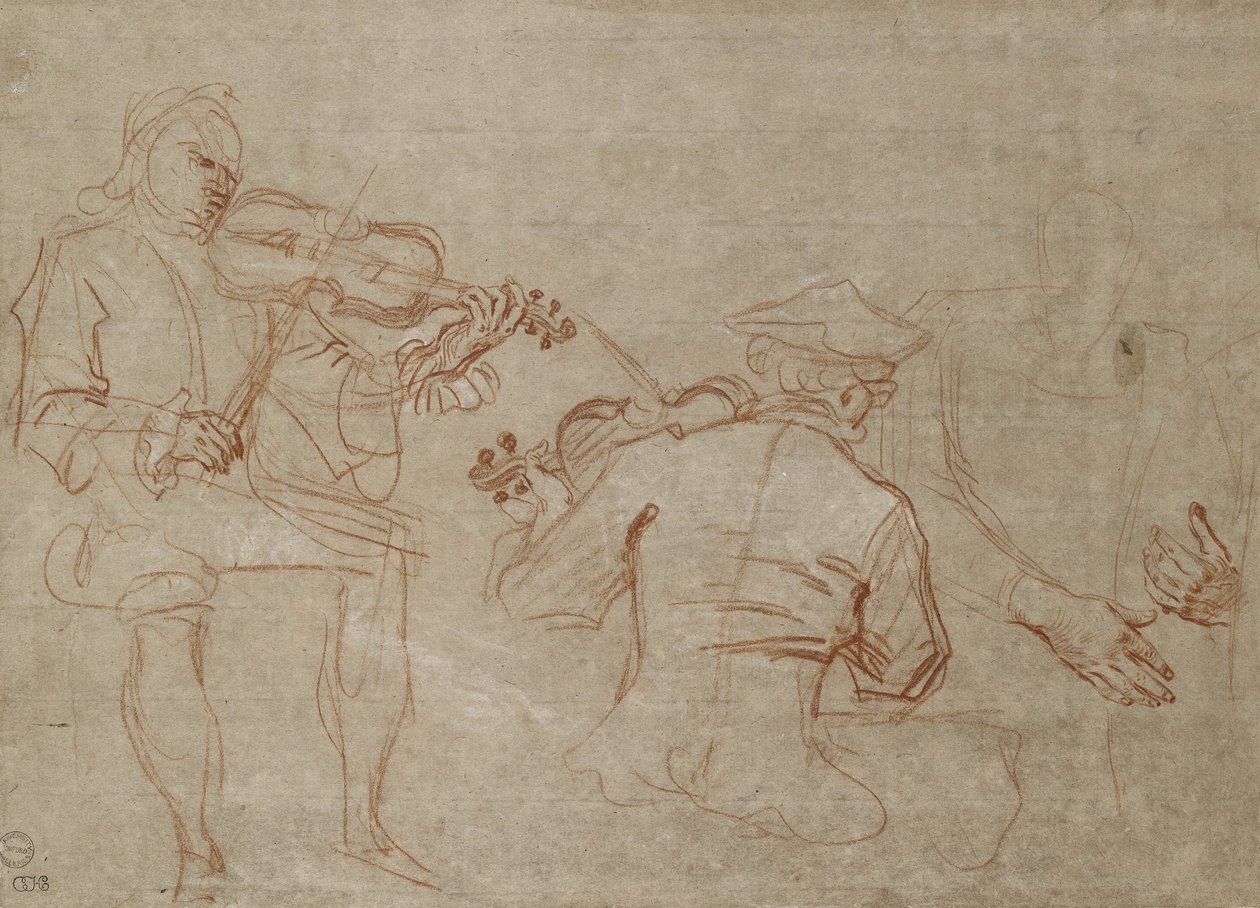 Estudio de dos violinistas y un par de manos, sosteniendo un brazo (tizas roja y blanca sobre papel) de Jean Antoine Watteau