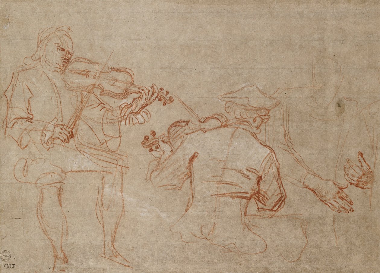 Estudio de dos violinistas y un par de manos, sosteniendo un brazo, a la derecha, alrededor de 1716 de Jean Antoine Watteau