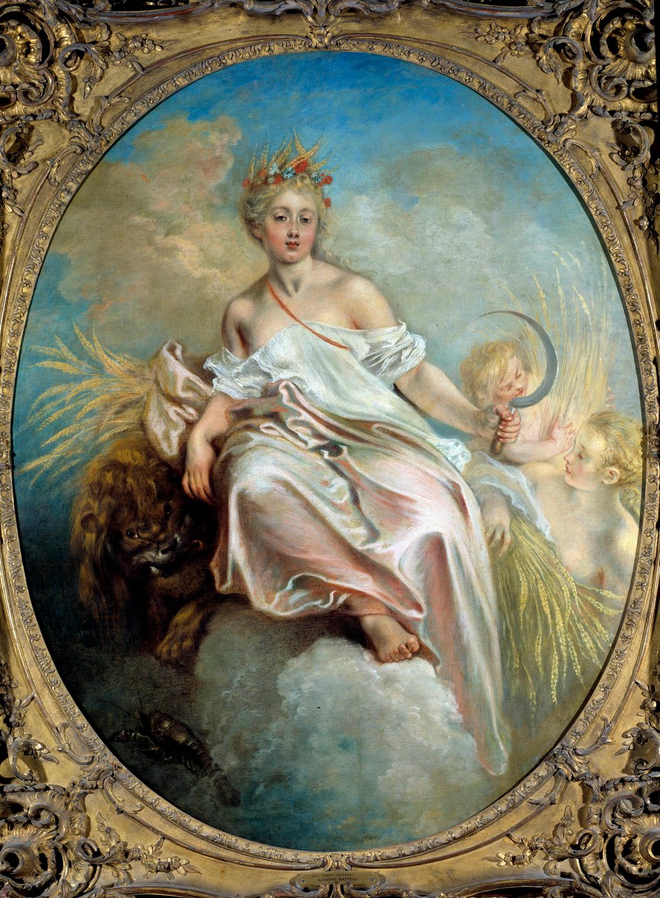 Alegoría del Verano de las Estaciones, una joven sosteniendo una hoz en su mano de Jean Antoine Watteau