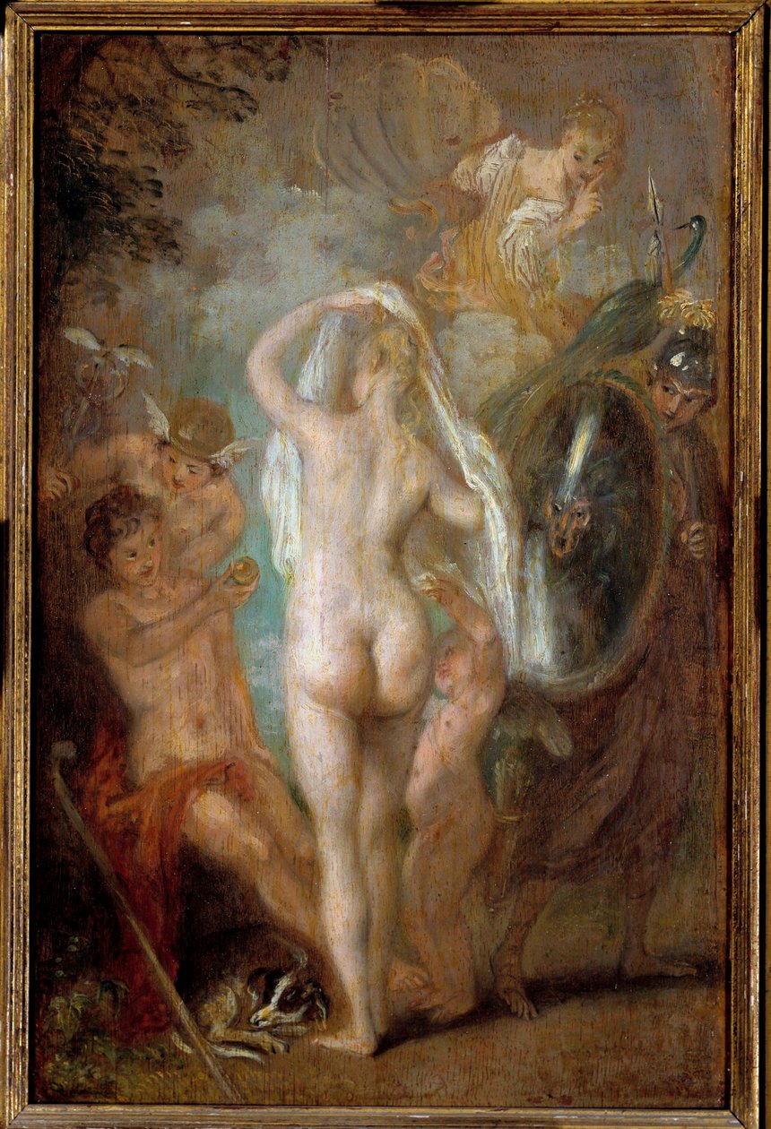 El juicio de París. El pastor París debe elegir a quién dará la manzana dorada para designar a la más bella de las tres diosas, Atenea, Afrodita o Hera. de Jean Antoine Watteau