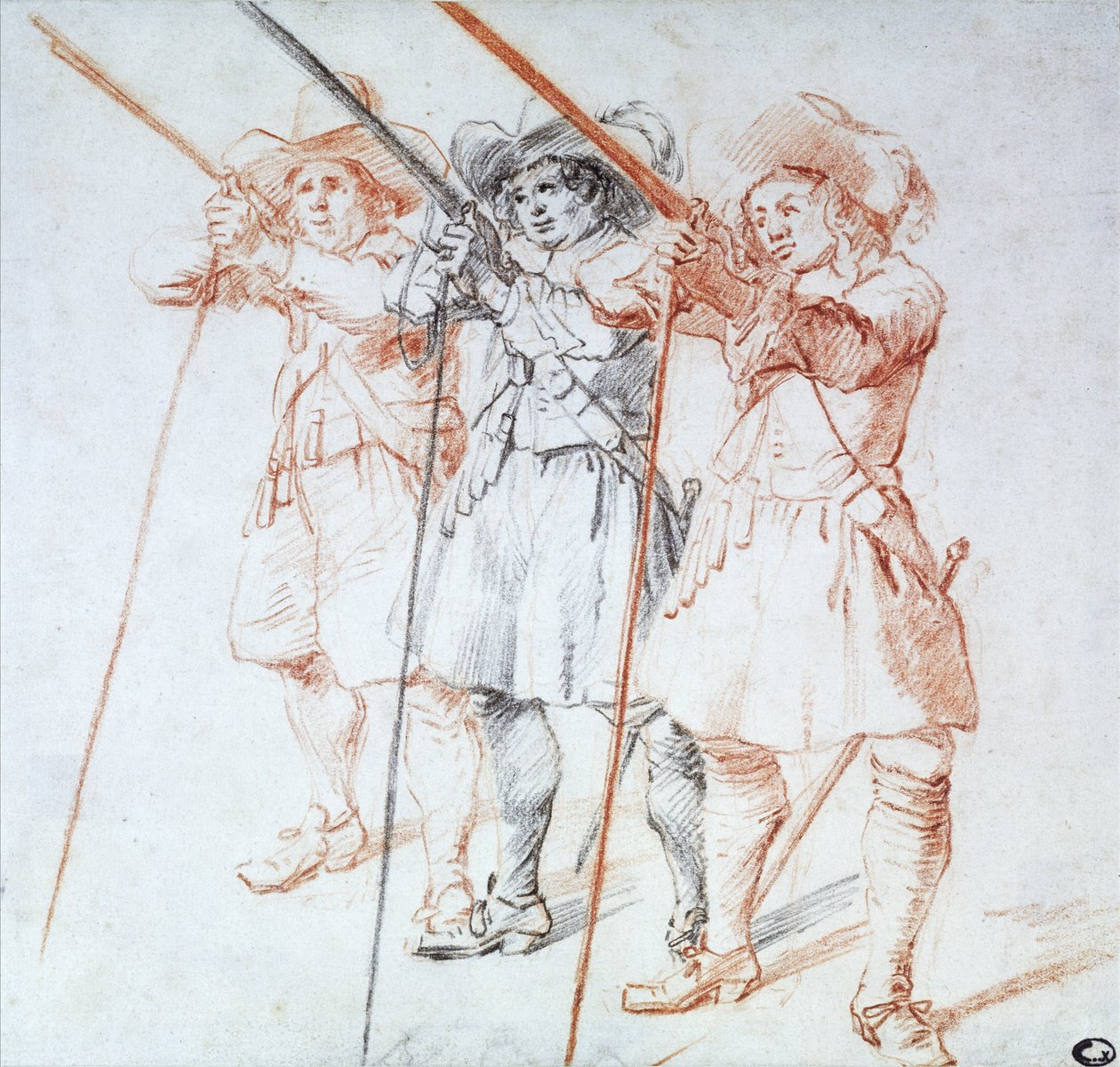 Tres arcabuceros, 1712 de Jean Antoine Watteau