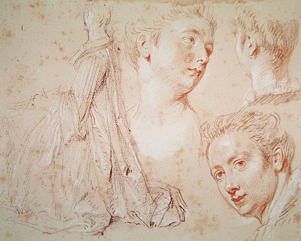 Tres cabezas y una mujer sentada, c.1716 de Jean Antoine Watteau