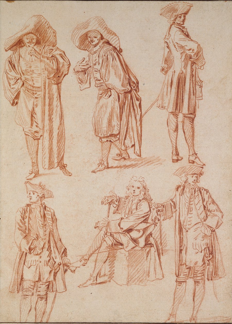 Dos estudios del doctor en la comedia italiana y cuatro oficiales de Jean Antoine Watteau