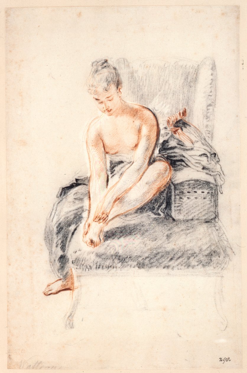 Joven mujer, desnuda, sosteniendo un pie en sus manos, 1716-18 de Jean Antoine Watteau