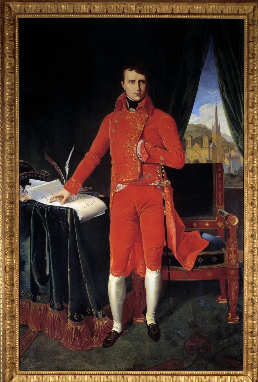 Portrait en pied de Napoleon Bonaparte (1769-1821) en premier Consul Painting by Joseph Pel after Jean-Auguste-Dominique Ingres (Jean Auguste Dominique) (1780-1867) 1929 Sun. 1,2x2,2 m. Malmaison, Musee du chateau ¡Atención! La utilización de esta obra pue de Jean Auguste Dominique (after) Ingres