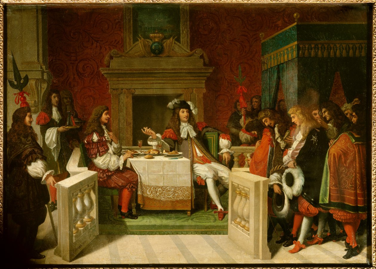 Luis XIV y Molière: Rey Luis XIV (1638-1715) y Jean Baptiste Poquelin llamado Molière (1622-1673) en la mesa frente a los cortesanos de Jean Auguste Dominique Ingres