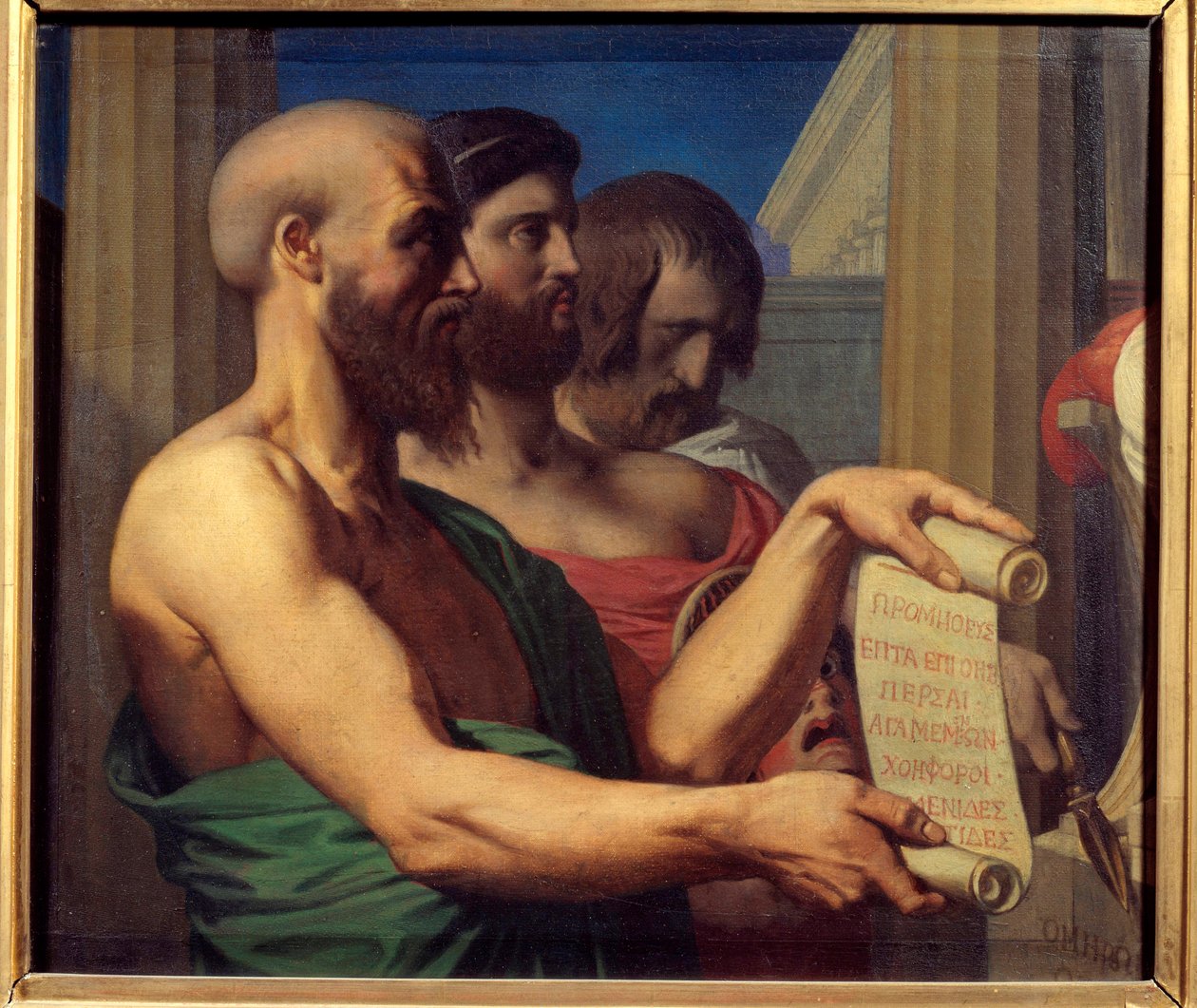 Los trágicos griegos. Retratos de los dramaturgos Esquilo (525-456 a.C.), Sófocles (495-406 a.C.) y Eurípides (480-406 a.C.). Pintura de Jean Auguste Dominique Ingres (1780-1867) 1866 Angers, Museo de Bellas Artes de Jean Auguste Dominique Ingres