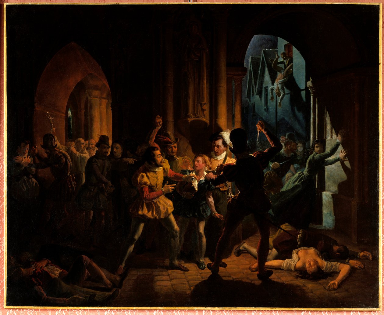 Maximiliano de Bethune escapando de la masacre de San Bartolomé. Maximiliano de Bethune (que llegó a ser duque de Sully 1559-1641), educado en el colegio de Borgoña en París, fue salvado por Enrique de Navarra (1553-1610) (entonces rey Enrique IV) y se con de Jean Auguste Dubouloz
