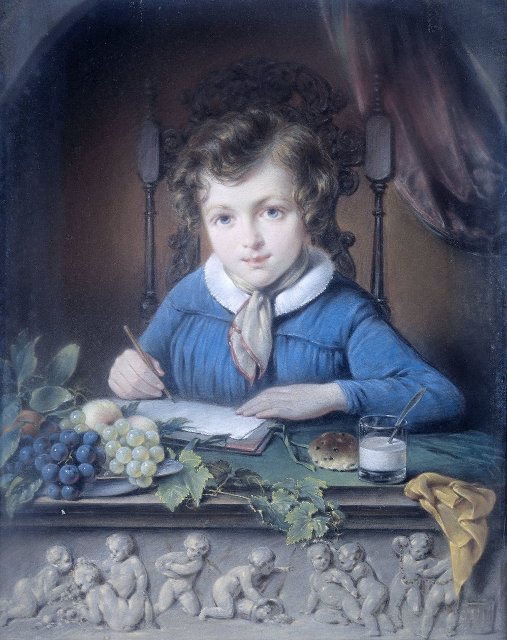 Retrato de un niño sentado en una hornacina y vestido con una chaqueta azul de Jean Augustin Daiwaille (attributed to)
