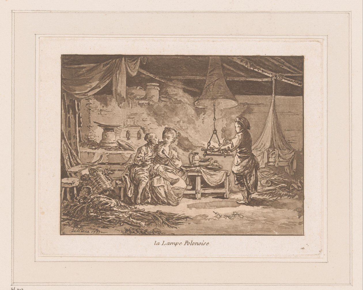 Interior de un granero con dos figuras en un banco y un hombre junto al fuego
La Lampe Polonoise (título en el objeto) de Jean Baptist Leprince