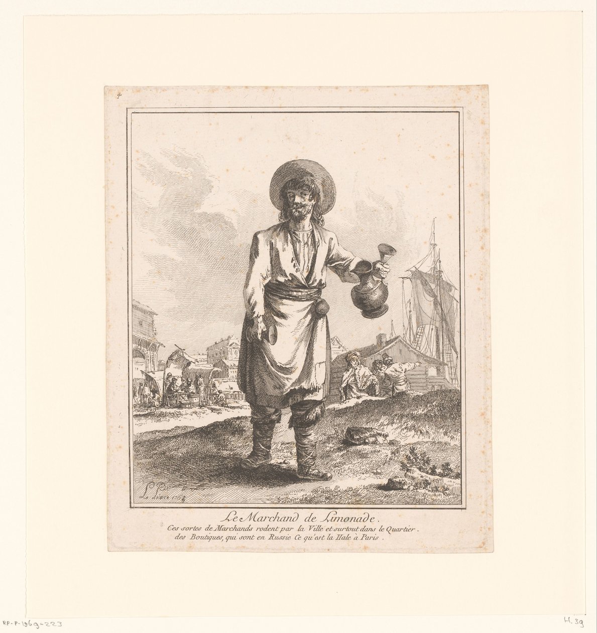 Vendedor de limonada
Le Marchand de Limonade (título en el objeto)
Comerciantes y vendedores ambulantes de San Petersburgo y Moscú (título de la serie)
Premiere Suite de Cris et Divers Marchands de Petersbourg et de Moscou (título de la serie) de Jean Baptist Leprince