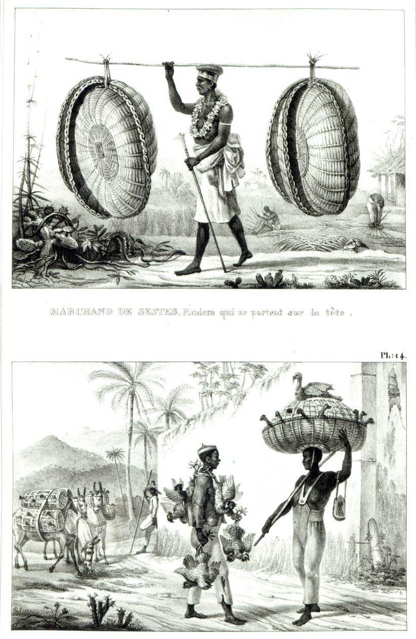 Cestas de cabeza y un vendedor de aves de corral, de 