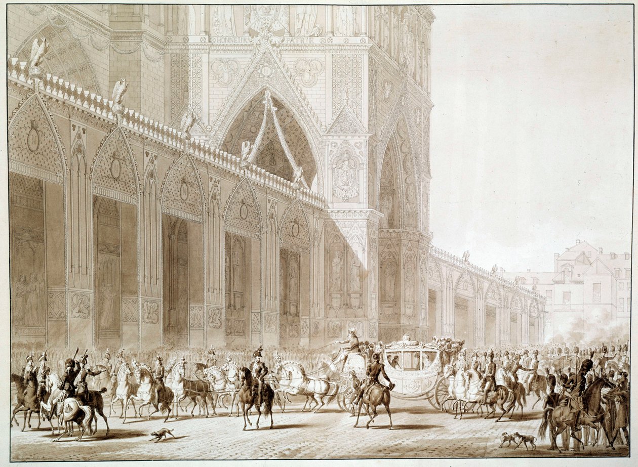 La llegada en carruaje del Emperador Napoleón I y la Emperatriz Josefina de Beauharnais a la Catedral de Notre Dame de París el Día del Sagrado de Jean Baptiste (after) Isabey