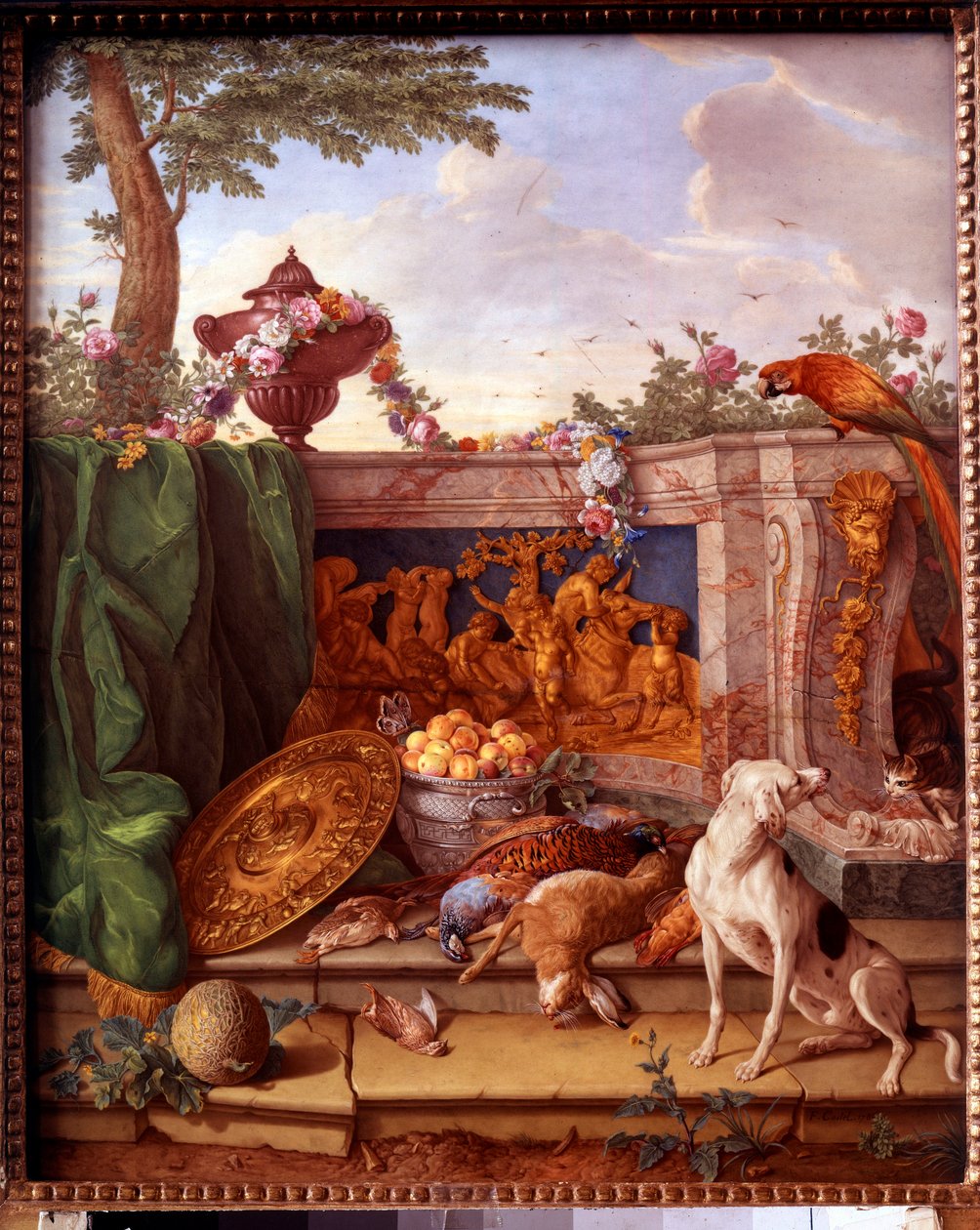 Placa que representa las cacerías de Luis XVI (1754-1793): detalle que representa a un perro cuidando el juego. Pintura sobre porcelana de Philippe Castel (ca. 1746-1797) por Jean Baptiste Oudry (1686-1755) 1778-1781. Versalles, museo del castillo de Jean Baptiste (after) Oudry