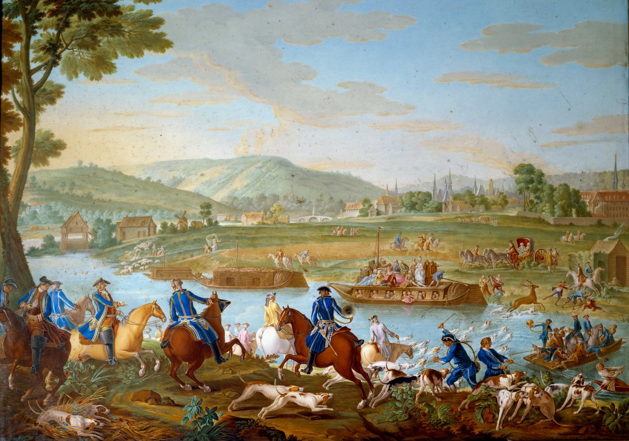 Placa que representa las cacerías de Luis XVI: el ciervo cruza el Oise desde la costa de Royallieu a la vista de la ciudad de Compiègne. Pintura sobre porcelana blanda de Nicolas Pierre Pithou l