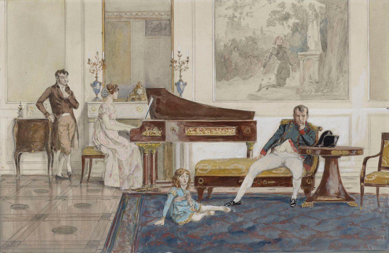 Primera representación de "Leaving for Syria" delante de Napoleón, su hijo y el Conde de Laborde (grafito, acuarela y color de la carrocería realzado con blanco sobre papel) de Jean Baptiste (attr. to) Isabey