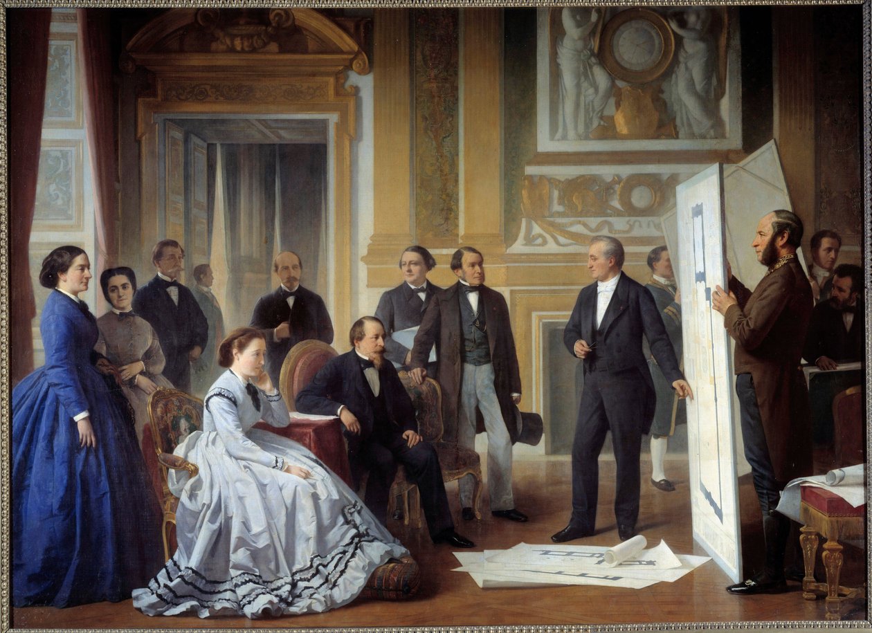 El arquitecto Louis Visconti presenta a Napoleón III el plan del nuevo Louvre de Jean Baptiste Ange Tissier