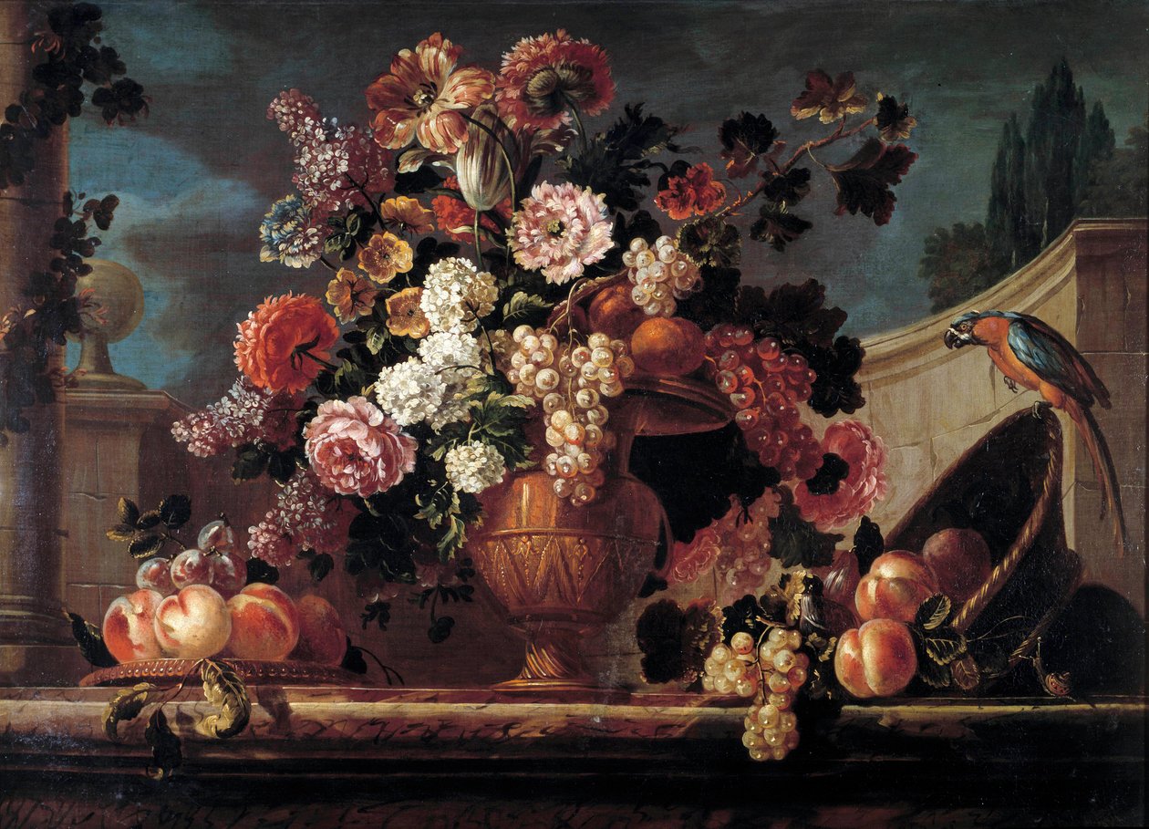 Flores, frutas y loros (Pintura de Jean Blin de Fontenay, 1653-1715) siglo XVIII Orleans, Museo de Bellas Artes de Jean Baptiste Belin de Fontenay