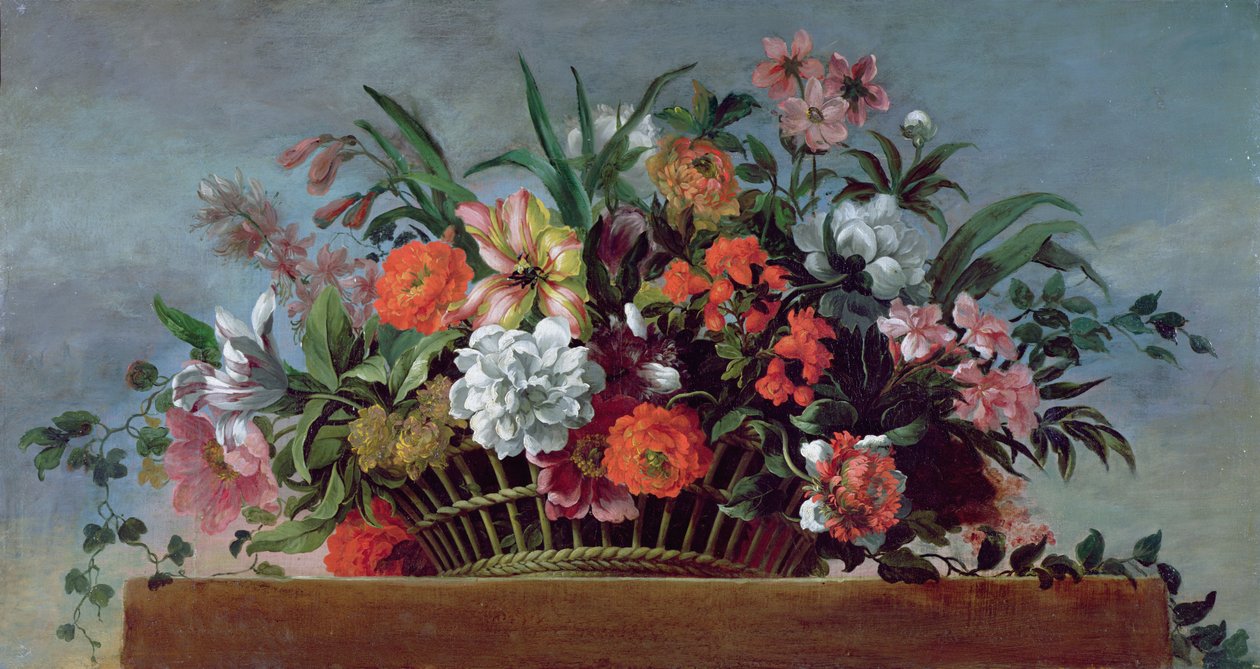 Cesta tejida llena de flores de Jean Baptiste Belin de Fontenay