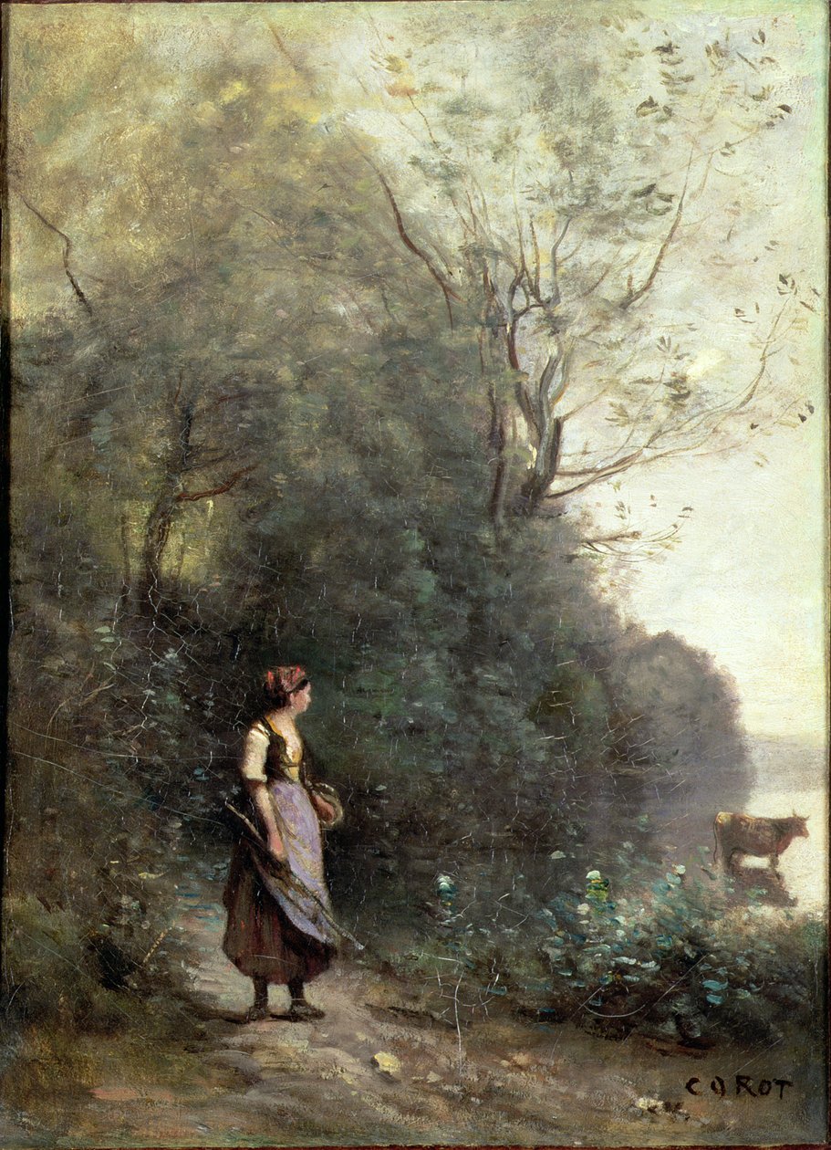 Una campesina pastoreando una vaca al borde de un bosque, c.1865-70 de Jean Baptiste Camille Corot