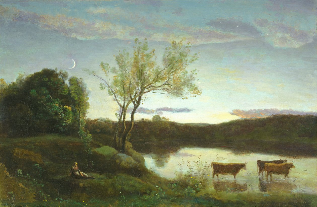 Un estanque con tres vacas y una luna creciente, c.1850 de Jean Baptiste Camille Corot