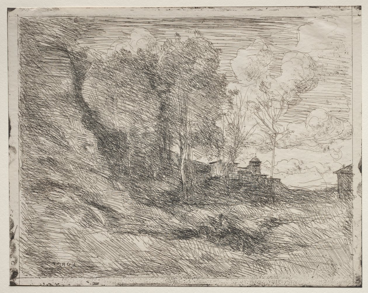 Un recuerdo de Ostia, impresión original 1855, impreso en 1921 de Jean Baptiste Camille Corot