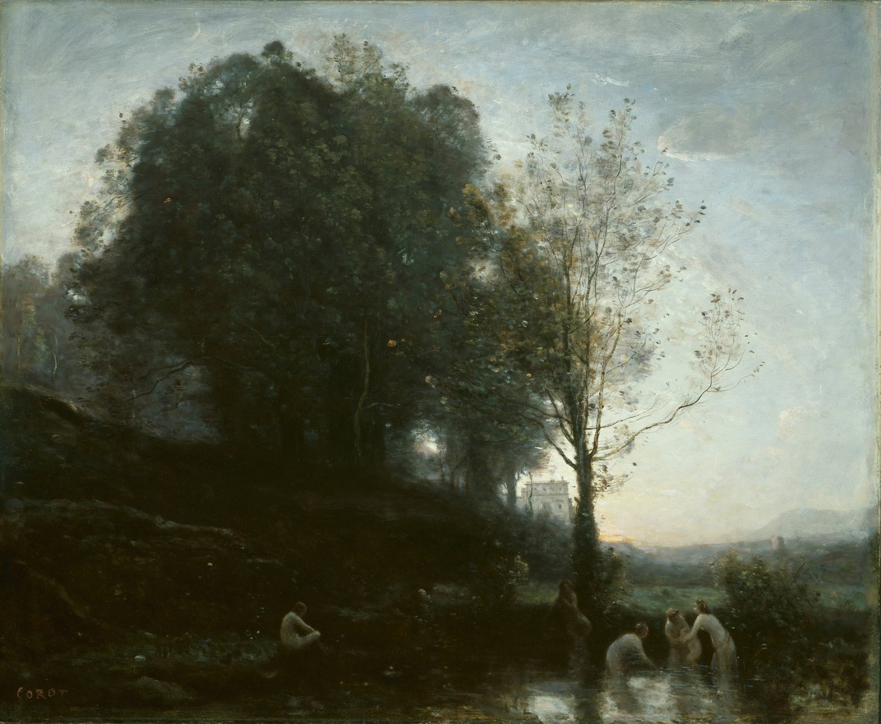 Ninfas bañándose y niño de Jean Baptiste Camille Corot