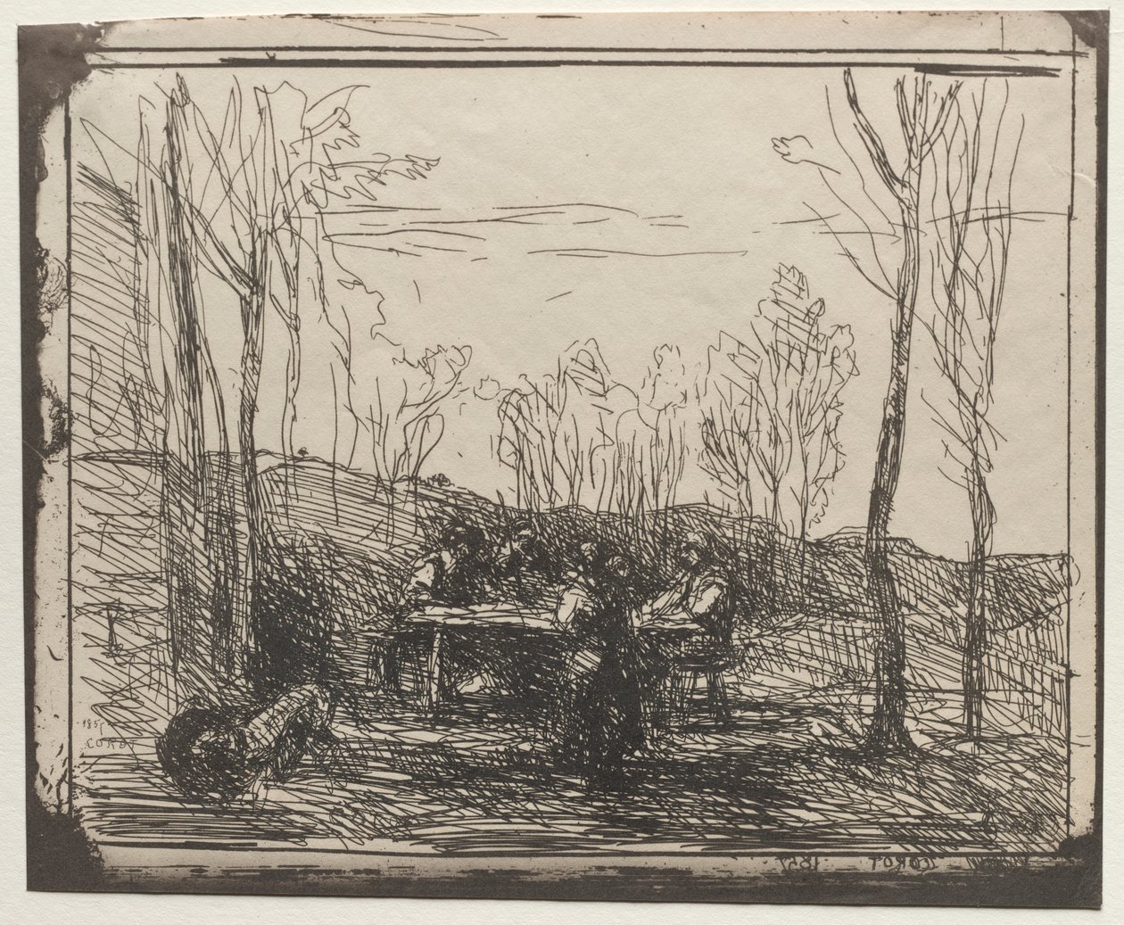 Desayuno en un claro, impresión original 1857, impresa en 1921 de Jean Baptiste Camille Corot