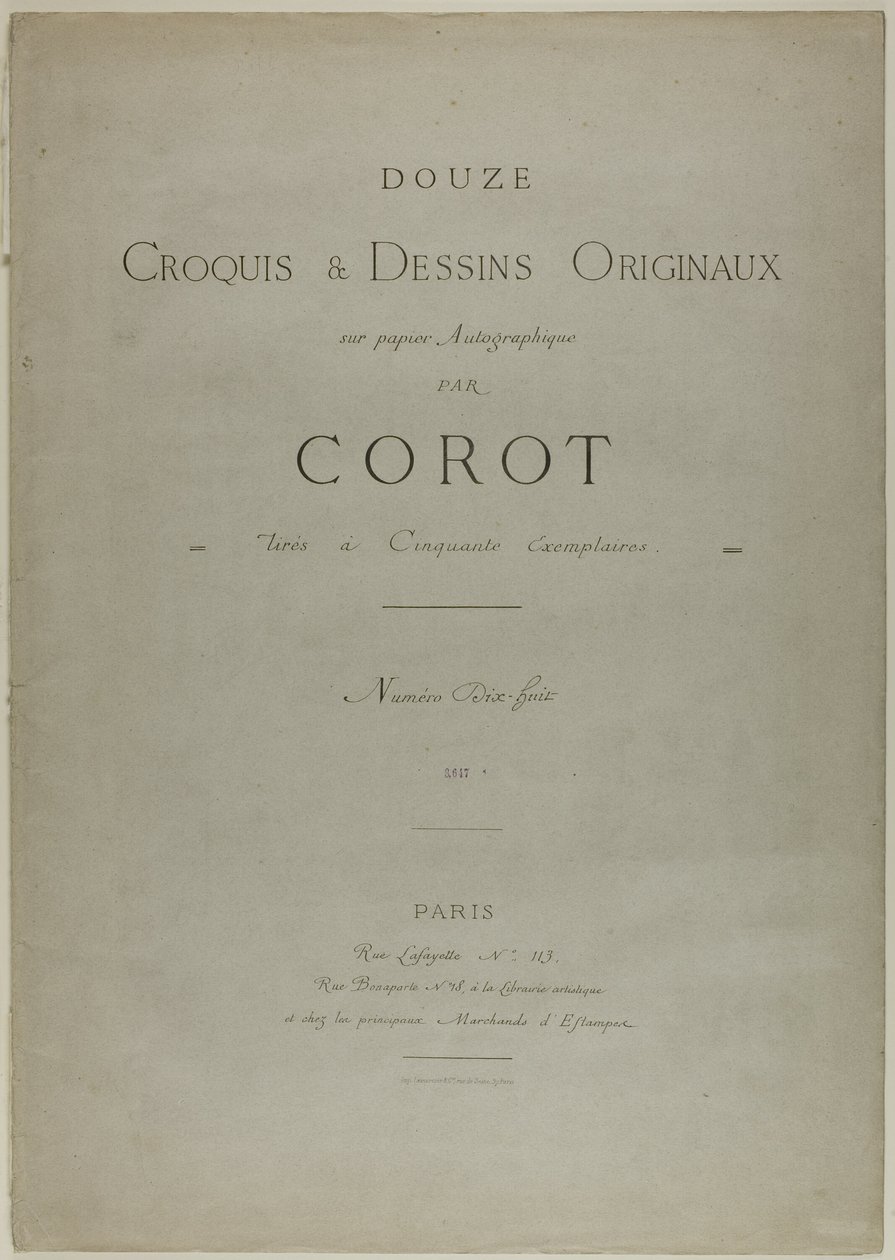 Portada y texto para Album Douze Croquis et Dessins Originaux de Jean Baptiste Camille Corot