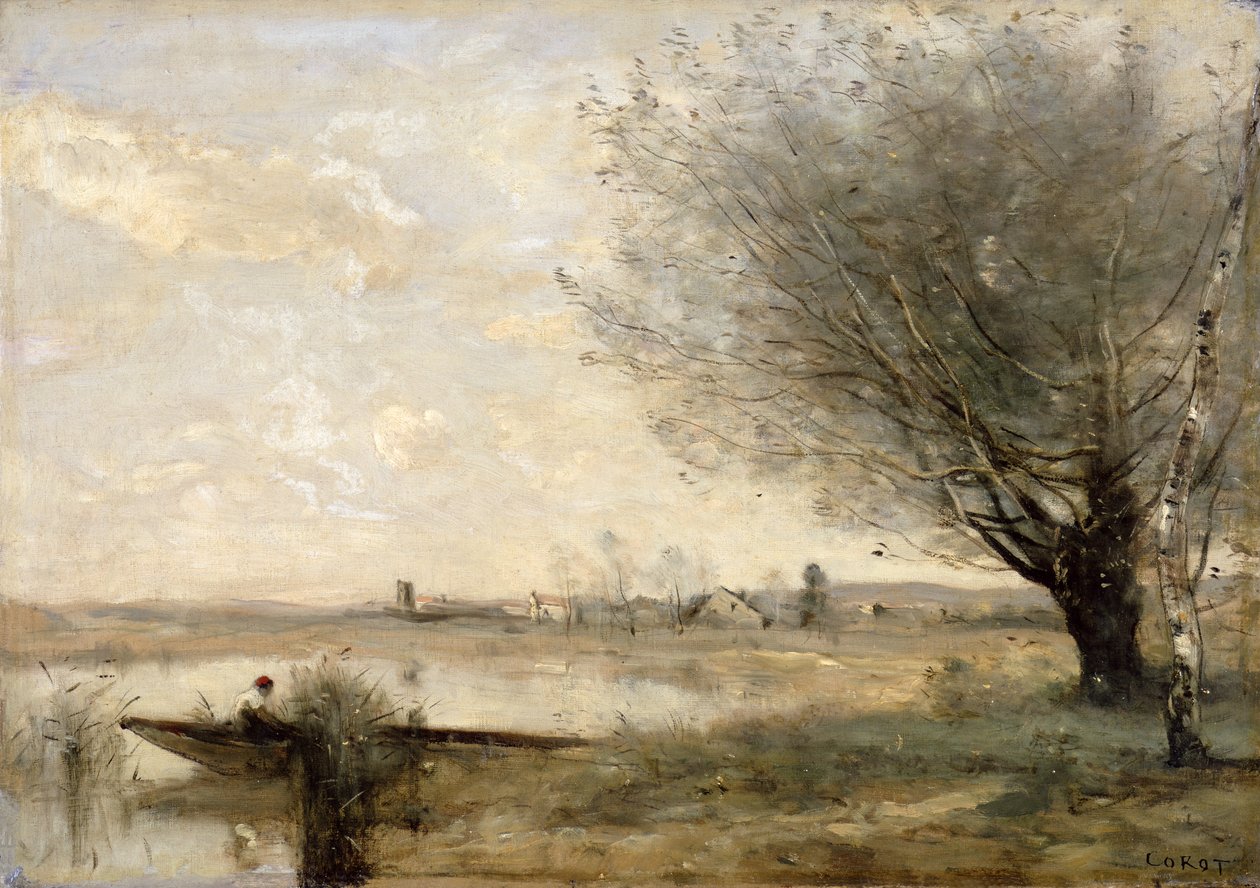 Pescador amarrado a una orilla (óleo sobre lienzo) de Jean Baptiste Camille Corot